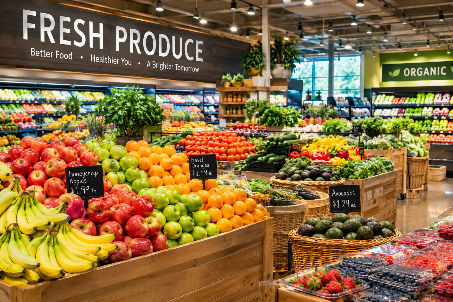 Grocery produce aisle with bananas, apples, oranges, avocados, and berries in wooden bins.